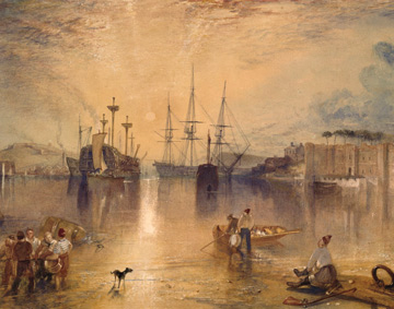 painting of a seaside scene with a castle as the sun sets